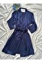 Satin Double Navy Blue Nightgown and Morning Gown Set - 2