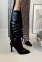 Diva High-Heeled Knee-High Pointed Toe Matte Leather Women's Black Gusseted Boots - 2