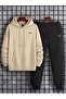 Seagull Eagle Bottom Top Front Printed Hoodie Oversize Ecru Sweatshirt with Black Tracksuit Bottom Top Set