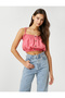 Crop Top with Thin Straps and Gathered Button Detail, Linen Blend