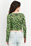 Women Round Neck Long Sleeve Cut Out Printed Top, Green - 4