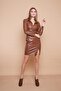 Ecological Faux Leather Collar Belted Front Back V-Neck Long Sleeve Dress -Tan - 3