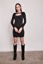 Wide Crew Neck Long Sleeve Below Knee Lycra Fabric Dress-Black - 4