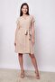 Linen Blend High Collar Off-Shoulder Waist Tie Buttoned Knee-Length Casual Dress-Beige - 5