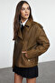Kahverengi Oversize Kalıp Yıkama Efekctli Suni Deri Biker İnce Ceket Mont TWOAW25MO00010 - 7