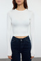 Ekru Viskoz Yumuşak Kumaşlı Fitted Crop Esnek Örme Bluz TWOAW24BZ00048 - 3