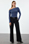 Indigo Büzgü/Drape Detaylı Fitted/Vücuda Oturan Uzun Kollu Esnek Örme Bluz TWOAW25BZ00248 - 2