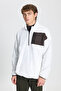 Men's White Oversize Loose Cut Stand-Up Bato Collar Pocket Detailed Zipper Cold-Proof Fleece Sweatshirt