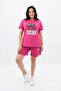 Women's Open Shoulder Detailed Text Printed Large Size Shorts Suit 3802-23