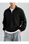 Black Men's Holycat Back Print Detailed Stand Collar Half Zipper Plain Pullover Sweatshirt - 3