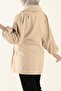 Women's Stone Color Medium Length Double Breasted Collar Belted Trench Coat 9024 - 5
