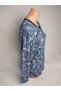 Women's Navy Blue Print V-Neck Long Sleeve Seasonal Suede Mother Combed Cotton T-Shirt Blouse with Slits on the Sides - 2