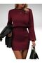 Elastic Waist Folded Model Long Sleeve Crew Neck Comfortable Fit Women's Knitwear Dress - 6