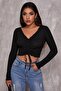 Kadın Siyah Uzun Kollu Büzdürme Bağcık Detaylı Crop Top Bluz