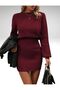 Elastic Waist Folded Model Long Sleeve Crew Neck Comfortable Fit Women's Knitwear Dress