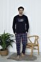 Long Sleeve Plaid Crew Neck Printed Navy Blue Color Men's Pajamas Set - 3
