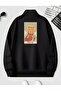 Black Men's Holycat Back Print Detailed Stand Collar Half Zipper Plain Pullover Sweatshirt