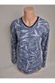 Women's Navy Blue Print V-Neck Long Sleeve Seasonal Suede Mother Combed Cotton T-Shirt Blouse with Slits on the Sides
