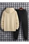 Seagull Eagle Bottom Top Front Printed Hoodie Oversize Ecru Sweatshirt with Black Tracksuit Bottom Top Set - 3