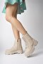 Women's Beige Matte Lace-Up and Zippered Boots