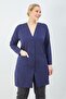 Women's Navy Blue Buttoned Pocket Plus Size Mother's Long Combed Cotton Cardigan - 6