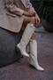 Beige Women's Real Leather Heeled and Embroidered Cowboy Boots - 4