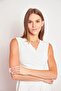 Double Breasted Wrap Front Gathered Shawl Collar Sleeveless Lycra Crepe Dress - Cream - 5