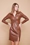Ecological Faux Leather Collar Belted Front Back V-Neck Long Sleeve Dress -Tan - 4
