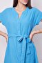 Linen Blend High Neck Off-Shoulder Tie-Waist Buttoned Knee-Length Casual Dress-Blue - 6