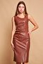Ecological Faux Leather Collar Asymmetrical Front Slit Below Knee Sleeveless Dress -Dark Tan - 3