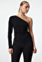 Black Cut Out/Window Detail Single Sleeve Knitted Blouse Tpraw25Bz00037
