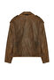 Kahverengi Oversize Kalıp Yıkama Efekctli Suni Deri Biker İnce Ceket Mont TWOAW25MO00010 - 12