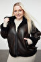 Kahverengi Oversize Kalıp Peluş Detaylı Biker Büyük Beden Ceket Mont TBBAW25AW00001 - 6