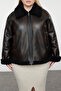 Kahverengi Oversize Kalıp Peluş Detaylı Biker Büyük Beden Ceket Mont TBBAW25AW00001 - 8