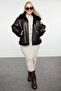 Kahverengi Oversize Kalıp Peluş Detaylı Biker Büyük Beden Ceket Mont TBBAW25AW00001 - 7