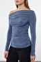 Indigo Büzgü/Drape Detaylı Fitted/Vücuda Oturan Uzun Kollu Esnek Örme Bluz TWOAW25BZ00248 - 4