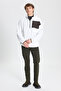 Men's White Oversize Loose Cut Stand-Up Bato Collar Pocket Detailed Zipper Cold-Proof Fleece Sweatshirt - 2