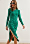 Women's Emerald Green Side Deep Zip Slit Stretchy Midi Dress Elb- 19002257 - 4