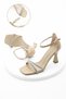 Women's Stoned Evening Dress Heeled Shoes Blunt Toe Sapro Beige