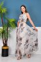 Taupe and Blue Pleated Dress with Floral Pattern - 3