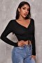 Kadın Siyah Uzun Kollu Büzdürme Bağcık Detaylı Crop Top Bluz - 3
