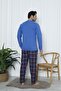 Long Sleeve Plaid Crew Neck Printed Blue Color Men's Pajamas Set - 3