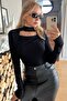 Long Sleeve Crystal Stone High Neck Women's Black Buzzy Blouse Lycra Stylish Comfortable Design