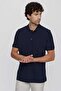 Men's Navy Blue Basic Plain 100% Cotton Oversize Wide Cut Short Sleeve Polo Neck T-Shirt - 2