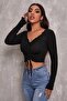 Kadın Siyah Uzun Kollu Büzdürme Bağcık Detaylı Crop Top Bluz - 5