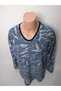 Women's Navy Blue Print V-Neck Long Sleeve Seasonal Suede Mother Combed Cotton T-Shirt Blouse with Slits on the Sides - 4
