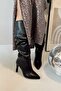 Diva High-Heeled Knee-High Pointed Toe Matte Leather Women's Black Gusseted Boots - 5