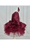 Girl - Burgundy Sequined, Long Sleeve Puffy Dress - 3