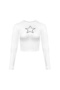 White Long Sleeve Crop Top - Star Pattern and Transparent Detail