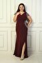Front Back V Neck Sleeve and Waist Stone Detailed Lined Draped Glitter Plus Size Lycra Long Dress